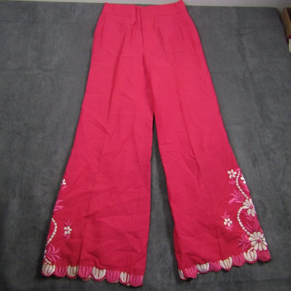 Vintage Wide Leg Pants Women 29 Pink Floral Embroidered Scalloped Hem